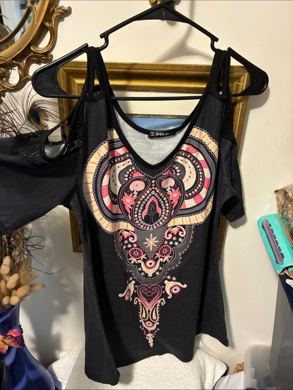 Black Cold-Shoulder Embellished Graphic Top - Black with Pink & Cream